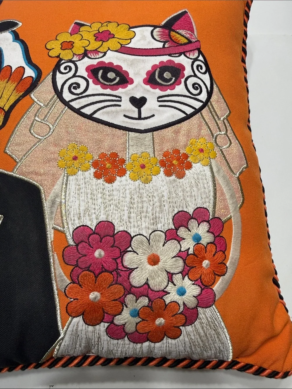 Day of the Dead Couple Embroidered Orange Accent Pillow